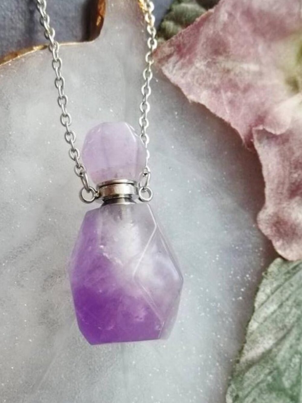 Natural Amethyst Quartz Crystal Perfume Bottle Vial Necklace Pendant